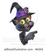 Vector Illustration of a Black Cat Wearing a Witch Hat and Pointing at a Sign by AtStockIllustration