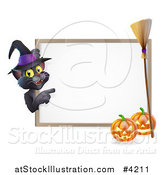 Vector Illustration of a Black Cat Wearing a Witch Hat and Pointing to a Halloween Sign with Pumpkins and a Broomstick by AtStockIllustration