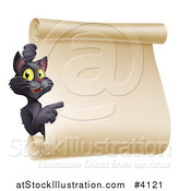 Vector Illustration of a Black Halloween Cat Pointing to a Scroll Sign by AtStockIllustration