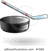 Vector Illustration of a Black Hockey Puck Flying Forward, a Hockey Stick in the Background by AtStockIllustration
