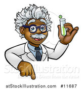 Vector Illustration of a Black Male Scientist Pointing down and Holding a Test Tube over a Sign by AtStockIllustration