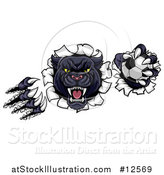 Vector Illustration of a Black Panther Mascot Shredding Through a Wall with a Soccer Ball by AtStockIllustration