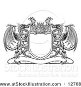 Vector Illustration of a Black Shield Crest with Dragons and a Knights Helmet by AtStockIllustration