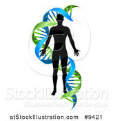 Vector Illustration of a Black Silhoeutted Person in a Blue and Green Double Helix Dna Strand by AtStockIllustration