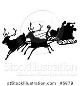 Vector Illustration of a Black Silhouette of Santa Flying in a Magic Sleigh with Two Reindeer by AtStockIllustration