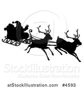 Vector Illustration of a Black Silhouette of Santa Waving and Flying in a Magic Sleigh with Two Reindeer by AtStockIllustration