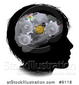 Vector Illustration of a Black Silhouetted Boy's Face with 3d Gear Cogs Visible in His Brain by AtStockIllustration