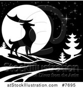 Vector Illustration of a Black Silhouetted Buck Deer with Evergreens Under a Full Moon at Night by AtStockIllustration