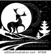 Vector Illustration of a Black Silhouetted Buck with Evergreens Under a Full Moon at Night by AtStockIllustration