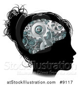 Vector Illustration of a Black Silhouetted Girl's Face with 3d Gear Cogs Visible in Her Brain by AtStockIllustration