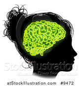 Vector Illustration of a Black Silhouetted Girl's Head in Profile, with Green Glowing Circuit Brain by AtStockIllustration