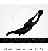 Vector Illustration of a Black Silhouetted Goal Keeper Soccer Player Blocking the Ball, over Gray by AtStockIllustration