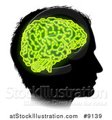 Vector Illustration of a Black Silhouetted Male Head in Profile, with a Green Brain of Electrical Circuits in Neon Green by AtStockIllustration