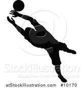 Vector Illustration of a Black Silhouetted Male Soccer Player Goal Keeper Catching the Ball by AtStockIllustration