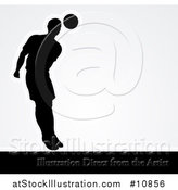 Vector Illustration of a Black Silhouetted Male Soccer Player Heading a Ball, with Shading, over Gray by AtStockIllustration