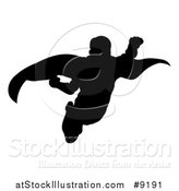 Vector Illustration of a Black Silhouetted Male Super Hero Flying by AtStockIllustration