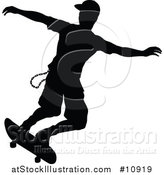 Vector Illustration of a Black Silhouetted Man Skateboarding by AtStockIllustration