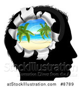 Vector Illustration of a Black Silhouetted Man's Head Thinking of Vacation with a Hole Showing a Tropical Beach by AtStockIllustration