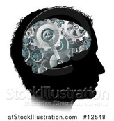 Vector Illustration of a Black Silhouetted Man's Head with 3d Gear Cogs Visible in His Brain by AtStockIllustration