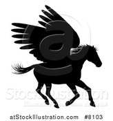 Vector Illustration of a Black Silhouetted Running Winged Pegasus Horse by AtStockIllustration