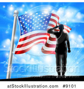 Vector Illustration of a Black Silhouetted Solder Saluting on a Hill Top over an American Flag and Sky by AtStockIllustration