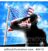 Vector Illustration of a Black Silhouetted Solder Saluting on a Hill Top over an American Flag and Sky by AtStockIllustration