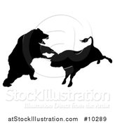 Vector Illustration of a Black Silhouetted Stock Market Bull and Bear Fighting by AtStockIllustration