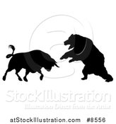 Vector Illustration of a Black Silhouetted Stock Market Bull Fighting a Bear by AtStockIllustration