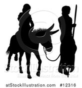 Vector Illustration of a Black Silhouetted Virgin Mary on a Donkey and Joseph by AtStockIllustration