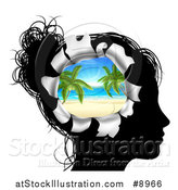 Vector Illustration of a Black Silhouetted Woman's Head Thinking of Vacation with a Hole Showing a Tropical Beach by AtStockIllustration