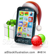 Vector Illustration of a Black Smart Phone with a Santa Hat, Christmas Baubles and Gift Box by AtStockIllustration