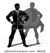 Vector Illustration of a Black White and Blue Silhouetted Business Man Standing with His Hands on His Hips and a Super Hero Shadow by AtStockIllustration