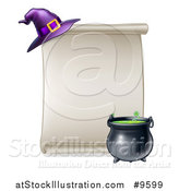 Vector Illustration of a Blank Scroll Sign with a Boiling Cauldron and Purple Witch Hat by AtStockIllustration