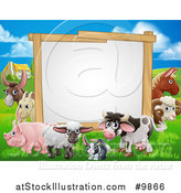 Vector Illustration of a Blank Sign Board Surrounded by Farm Animals, with a House in the Background by AtStockIllustration