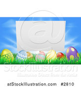 Vector Illustration of a Blank Sign over Easter Eggs in Grass over a Blue Sky by AtStockIllustration