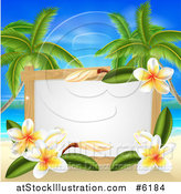 Vector Illustration of a Blank Sign with Plumeria Flowers on a Tropical Beach with Palm Trees by AtStockIllustration
