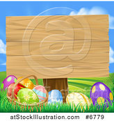 Vector Illustration of a Blank Wood Easter Sign with Eggs in Grass Against a Sky by AtStockIllustration
