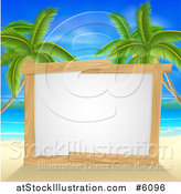 Vector Illustration of a Blank Wood Framed Sign on a Tropical Beach with Palm Trees by AtStockIllustration