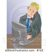 Vector Illustration of a Blond Caucasian Business Man Taking a Phone Call and Using a Computer by AtStockIllustration