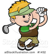 Vector Illustration of a Blond Man Smiling While Swinging a Golf Club During a Day at the Course by AtStockIllustration