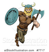 Vector Illustration of a Blond Muscular Viking Warrior Sprinting with an Axe and Shield by AtStockIllustration