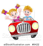 Vector Illustration of a Blond White Boy Driving a Girl in a Red Convertible Car, Catching Air by AtStockIllustration