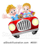Vector Illustration of a Blond White Girl Driving a Boy in a Red Convertible Car, Catching Air by AtStockIllustration
