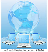 Vector Illustration of a Blue 3d Globe Connected to a Network of Laptop Computers by AtStockIllustration