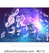 Vector Illustration of a Blue and Purple Background of Bright Neon Lights, Flares and Floating Music Notes by AtStockIllustration