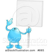 Vector Illustration of a Blue Bean Character Holding and Pointing to a Blank White Advertising Sign by AtStockIllustration