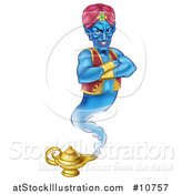 Vector Illustration of a Blue Genie with an Evil Grin, Emerging from His Lamp by AtStockIllustration