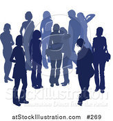 Vector Illustration of a Blue Group of Silhouetted People Hanging out in a Crowd, Two Friends Embracing in the Middle by AtStockIllustration