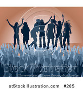 Vector Illustration of a Blue Group of Silhouetted Women Raising Their Arms and Celebrating on Stage at a Concert by AtStockIllustration