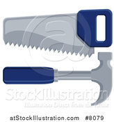 Vector Illustration of a Blue Handled Carpenter's Hand Saw and Hammer by AtStockIllustration
